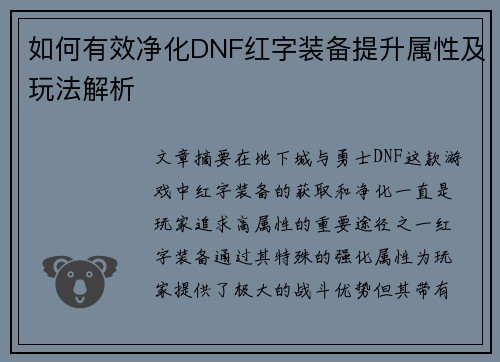 如何有效净化DNF红字装备提升属性及玩法解析